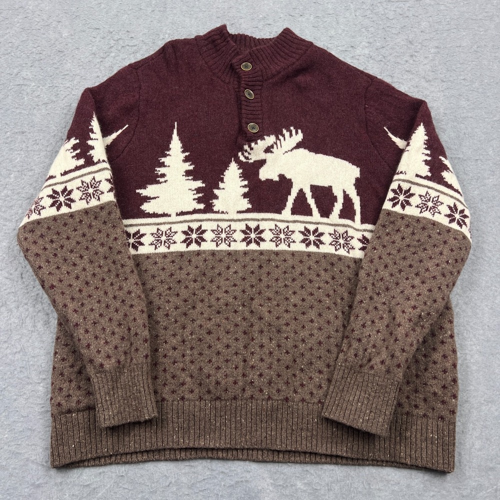 Duluth Trading Sweater Mens Large 100% Shetland Wool Fair Isle Moose Henley Knit